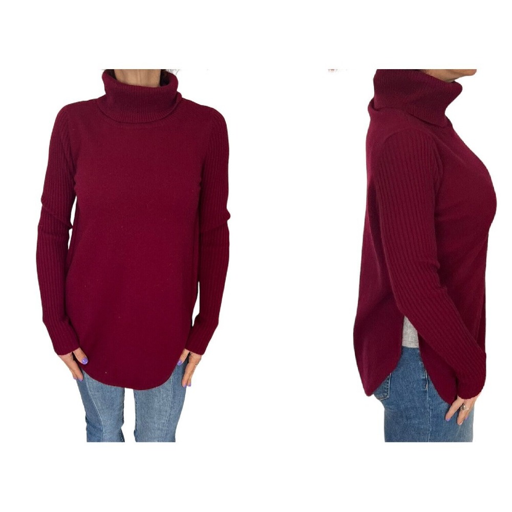 KOKUN SOFT 100% CASHMERE  WINE RED BURGUNDY  TURTLENECK LONG TUNIC SWEATER SMALL
